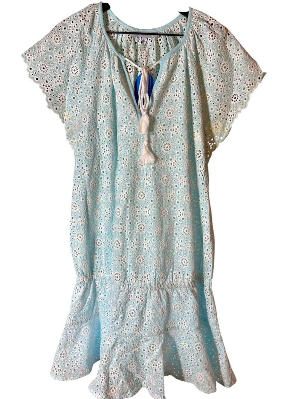 Cartolina Joy Cover-Up Dress XL Embroidered Cotton Aqua Blue Short Sleeve Made I